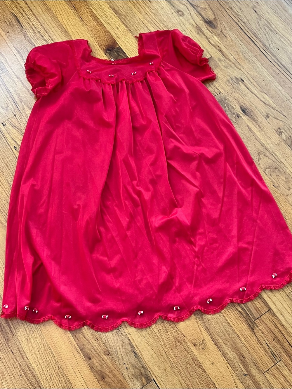 Vintage Red Short-Sleeve Nightgown with Scalloped Hem